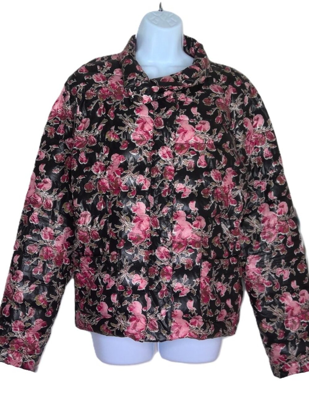 Lands End Puffer Jacket Rose & Black Floral Lightweight Boho Quilted Lined Sz XL